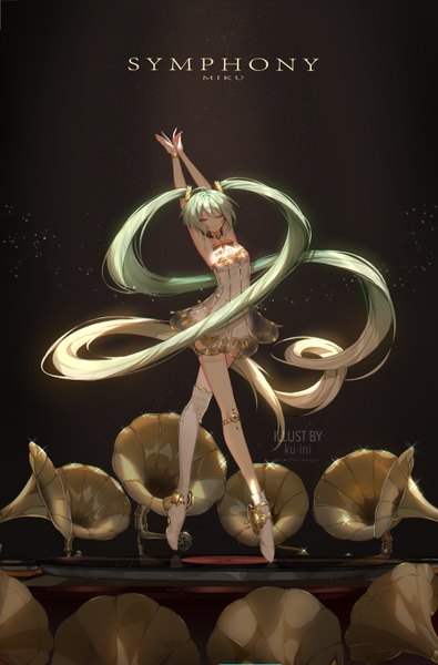 Anime picture 4152x6300 with vocaloid miku symphony (vocaloid) hatsune miku gramophone miku ku-ini single tall image fringe highres hair between eyes twintails absurdres full body eyes closed very long hair green hair arms up black background dancing girl
