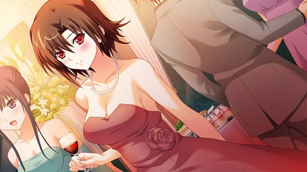 Anime picture 1024x576 with primary step blush short hair black hair red eyes wide image game cg girl dress