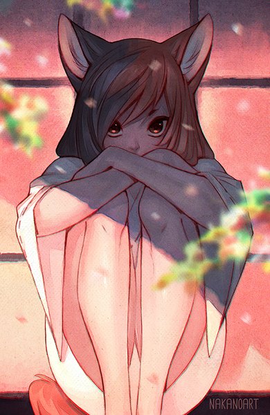 Anime picture 586x900 with original nakanoart single long hair tall image looking at viewer fringe hair between eyes brown hair sitting brown eyes signed animal ears payot bent knee (knees) outdoors tail long sleeves traditional clothes japanese clothes