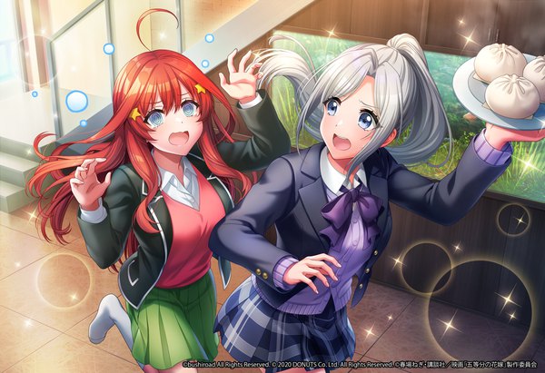 Anime picture 3500x2400 with go-toubun no hanayome d4dj nakano itsuki niijima ibuki long hair fringe highres open mouth blue eyes hair between eyes standing multiple girls holding payot absurdres silver hair ahoge ponytail red hair indoors