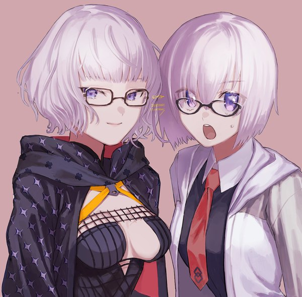 Anime picture 1654x1624 with fate (series) fate/grand order mash kyrielight jacques de molay (foreigner) (fate) ituki looking at viewer fringe short hair breasts open mouth light erotic simple background purple eyes multiple girls upper body white hair blunt bangs dated sweatdrop pink background