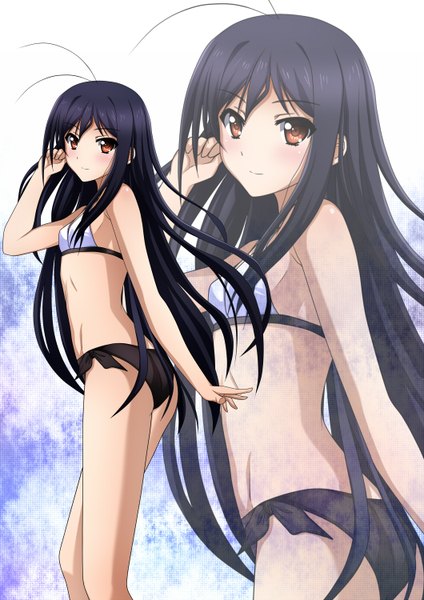 Anime picture 1060x1500 with accel world sunrise (studio) kuroyukihime kenken long hair tall image blush black hair brown eyes looking back zoom layer girl swimsuit bikini