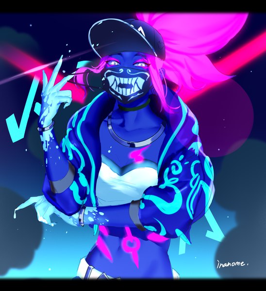 Anime picture 2268x2480 with league of legends k/da (league of legends) akali (league of legends) k/da akali inanome me single long hair tall image looking at viewer highres signed pink hair cleavage upper body ponytail open jacket midriff letterboxed eyeshadow white eyes