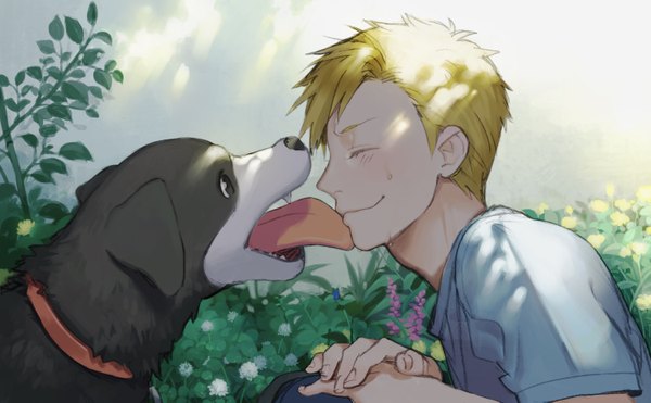 Anime picture 1500x929 with fullmetal alchemist studio bones alphonse elric noako (artist) short hair blonde hair smile wide image eyes closed saliva licking boy flower (flowers) plant (plants) tongue dog