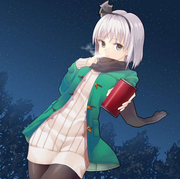 Anime picture 1208x1200 with touhou konpaku youmu single looking at viewer fringe short hair sky silver hair night grey eyes alternate costume night sky outstretched arm exhalation steam girl plant (plants) pantyhose tree (trees) hairband