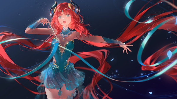 Anime picture 4800x2700 with genshin impact nilou (genshin impact) miji black single looking at viewer fringe highres open mouth blue eyes simple background smile wide image standing holding absurdres red hair blunt bangs very long hair nail polish :d