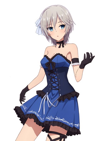 Anime picture 1272x1802 with idolmaster idolmaster cinderella girls anastasia (idolmaster) yahiro (epicopeiidae) single tall image blush fringe short hair breasts open mouth blue eyes simple background hair between eyes standing white background bare shoulders looking away cleavage silver hair