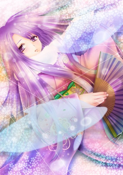 Anime picture 2421x3425 with original mimi (tetoru09) single long hair tall image highres purple eyes purple hair japanese clothes girl obi fan yukata