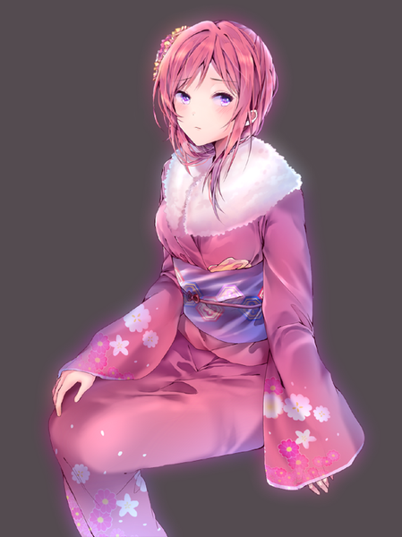 Anime picture 622x831 with love live! school idol project sunrise (studio) love live! nishikino maki pinb single long hair tall image blush fringe simple background sitting purple eyes looking away pink hair long sleeves traditional clothes japanese clothes hair flower grey background