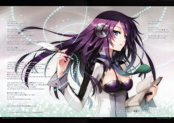 Anime picture 4347x3072 with apple inc. siri an2a single long hair highres blue eyes absurdres purple hair inscription girl necktie headphones book (books)