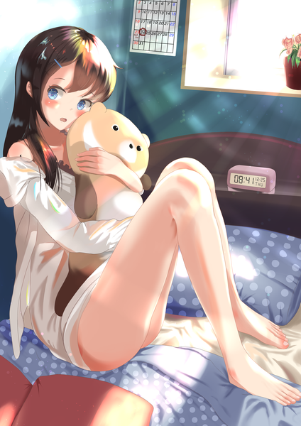 Anime picture 4093x5787 with original wander00317 (akihirotanisi) single long hair tall image fringe highres open mouth blue eyes light erotic brown hair sitting holding payot looking away absurdres full body bent knee (knees) indoors barefoot