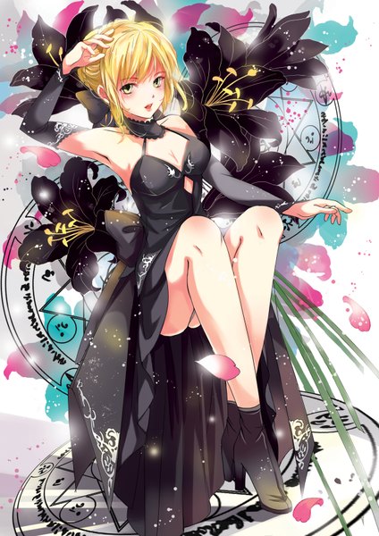 Anime picture 2480x3508 with fate (series) fate/stay night fate/unlimited codes type-moon artoria pendragon (all) saber saber alter keikaj single tall image looking at viewer blush fringe highres open mouth light erotic blonde hair white background sitting green eyes