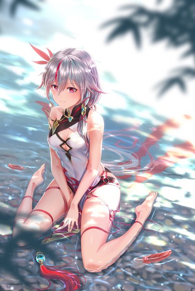 Anime picture 1380x2048 with honkai impact 3rd benghuai xueyuan honkai (series) fu hua fu hua (phoenix) gotointhepark single tall image looking at viewer blush fringe light erotic smile hair between eyes sitting bare shoulders silver hair full body outdoors very long hair