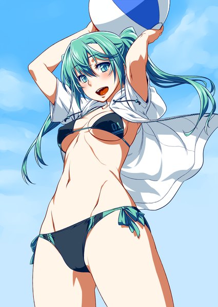 Anime picture 859x1214 with vocaloid hatsune miku unpokotan single long hair tall image looking at viewer blush open mouth light erotic twintails aqua eyes aqua hair girl navel swimsuit bikini