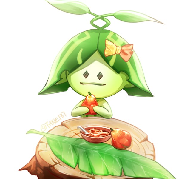Anime picture 1000x1000 with genshin impact aranara (genshin impact) arapacati (genshin impact) tane137 single simple background white background signed twitter username no people bow leaf (leaves) fruit creature stump