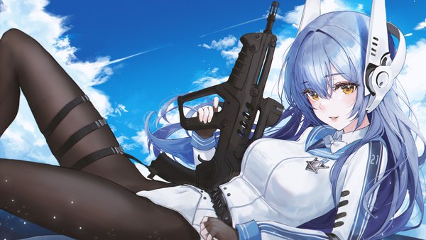 Anime picture 5760x3240 with girls frontline tar-21 (girls' frontline) bbeedol single long hair looking at viewer blush fringe highres breasts light erotic hair between eyes wide image holding yellow eyes blue hair absurdres sky cloud (clouds) bent knee (knees)