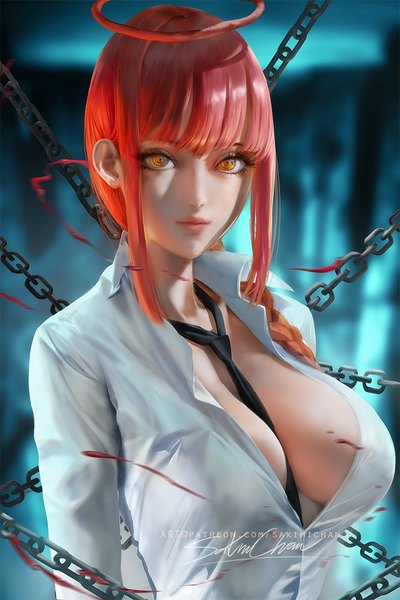 Anime picture 667x1000 with chainsaw man mappa makima (chainsaw man) sakimichan single long hair tall image looking at viewer fringe breasts light erotic large breasts signed yellow eyes payot cleavage upper body red hair braid (braids) lips