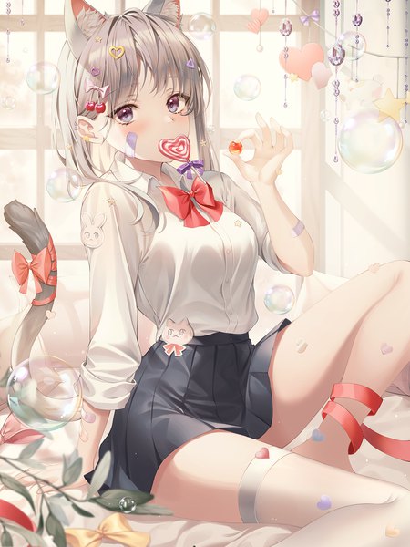 Anime picture 1200x1600 with original mellozzo single long hair tall image looking at viewer blush fringe blue eyes sitting holding bent knee (knees) indoors blunt bangs pleated skirt arm up grey hair arm support piercing mouth hold