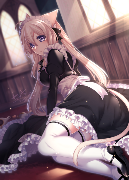 Anime picture 643x899 with original konshin single long hair tall image looking at viewer fringe blonde hair hair between eyes sitting purple eyes twintails signed animal ears payot full body ahoge bent knee (knees) indoors tail