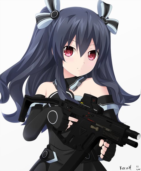 Anime picture 823x1000 with choujigen game neptune uni (choujigen game neptune) keenh single tall image looking at viewer fringe black hair simple background hair between eyes red eyes white background twintails bare shoulders holding signed payot upper body head tilt girl