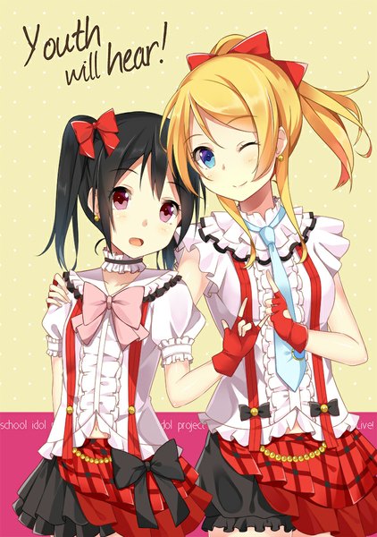 Anime picture 765x1087 with love live! school idol project sunrise (studio) love live! yazawa nico ayase eli taiyaki (astre) tall image looking at viewer blush short hair open mouth blue eyes black hair blonde hair smile red eyes twintails multiple girls ponytail one eye closed