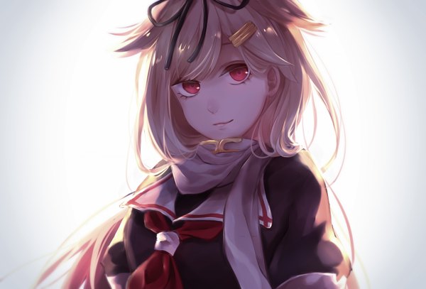 Anime picture 2800x1900 with kantai collection yuudachi destroyer single long hair looking at viewer highres blonde hair white background pink eyes remodel (kantai collection) girl ribbon (ribbons) hair ribbon scarf sailor suit