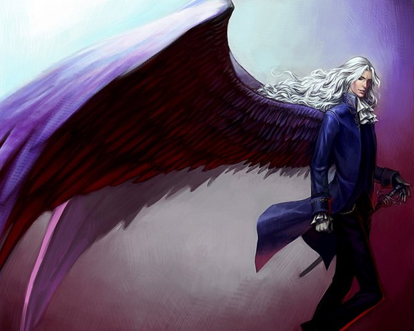 Anime picture 1280x1024 with tagme (artist) single long hair simple background white hair wavy hair angel boy gloves weapon sword wings neckerchief
