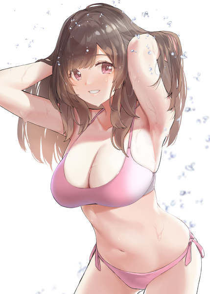 Anime picture 1036x1450 with idolmaster idolmaster shiny colors tsukioka kogane pekoni (peconi) single long hair tall image looking at viewer blush fringe breasts light erotic simple background smile brown hair large breasts standing white background cleavage parted lips