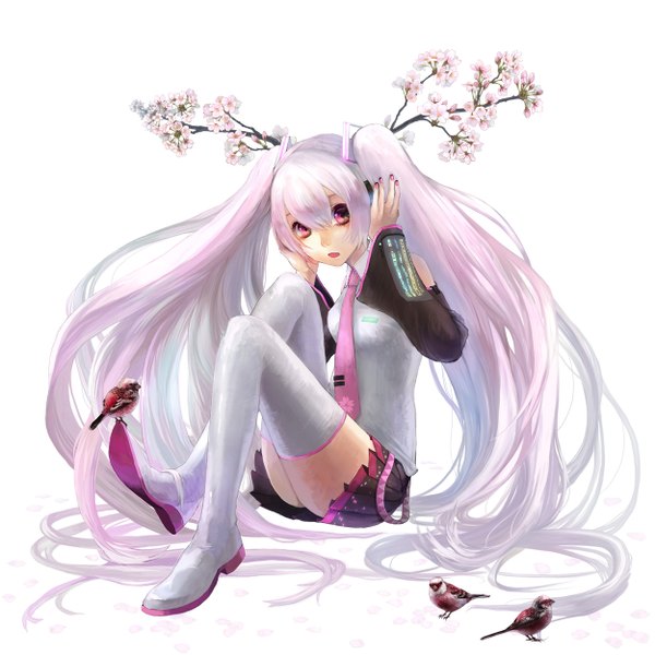 Anime picture 1250x1250 with vocaloid hatsune miku sakura miku rowya single long hair looking at viewer open mouth simple background white background twintails pink hair pink eyes cherry blossoms girl skirt detached sleeves miniskirt animal necktie