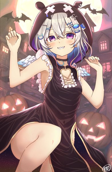 Anime picture 2250x3448 with virtual youtuber hololive amane kanata anzu mochi single tall image looking at viewer fringe highres short hair breasts smile hair between eyes purple eyes signed blue hair silver hair arms up fang (fangs) sleeveless