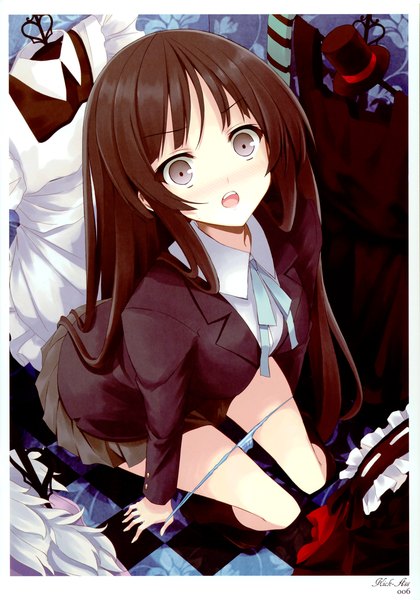 Anime picture 2124x3033 with k-on! kyoto animation yellow avantgard kick-ass (artbook) akiyama mio mikoto akemi single long hair tall image looking at viewer blush fringe highres open mouth light erotic brown hair standing bent knee (knees) pleated skirt from above scan
