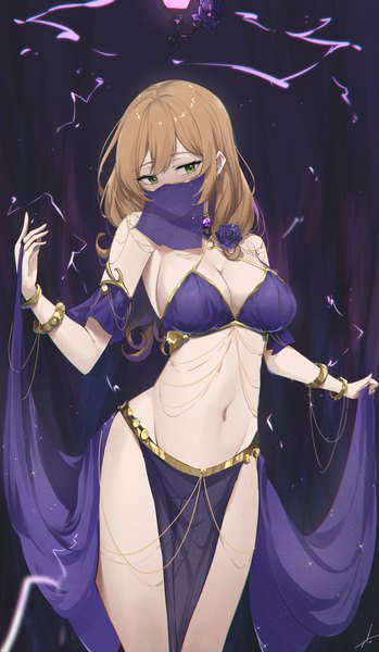 Anime picture 1062x1828 with genshin impact lisa (genshin impact) feint721 single long hair tall image looking at viewer blush fringe breasts light erotic brown hair large breasts standing bare shoulders green eyes cleavage traditional clothes head tilt alternate costume