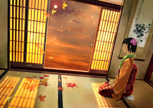 Anime picture 1996x1417 with touhou tagme (character) sunway single highres short hair sitting sky cloud (clouds) indoors traditional clothes japanese clothes profile hair flower scenic girl hair ornament leaf (leaves) sun sliding doors