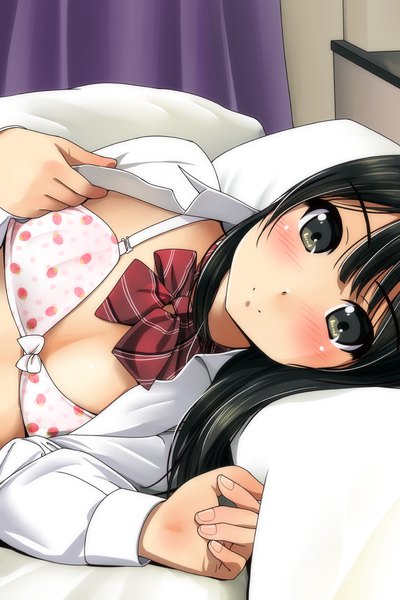 Anime picture 800x1200 with original matsunaga kouyou single long hair tall image looking at viewer blush fringe breasts light erotic black hair smile hair between eyes cleavage indoors lying black eyes open shirt food print strawberry print