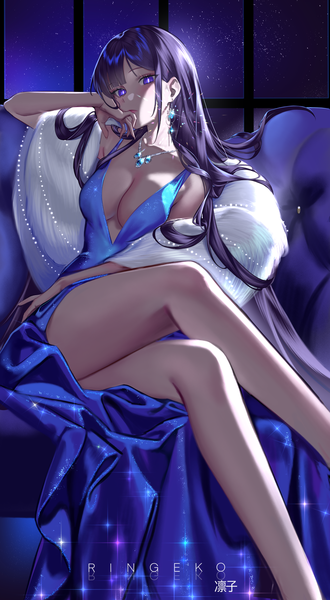 Anime picture 4552x8274 with genshin impact raiden shogun ringeko-chan single long hair tall image looking at viewer fringe highres breasts light erotic large breasts sitting purple eyes signed absurdres purple hair arm up mole sparkle