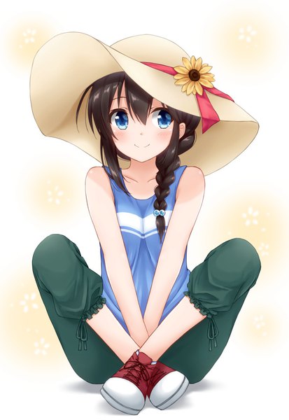 Anime picture 666x967 with kantai collection shigure destroyer hoshino kagari single long hair tall image blush fringe blue eyes black hair hair between eyes sitting full body braid (braids) alternate costume single braid indian style girl hat shoes