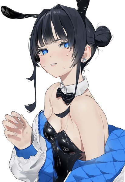 Anime picture 2420x3522 with original mashiro kta single tall image looking at viewer blush fringe highres breasts blue eyes light erotic black hair simple background smile white background bare shoulders animal ears blunt bangs parted lips open jacket