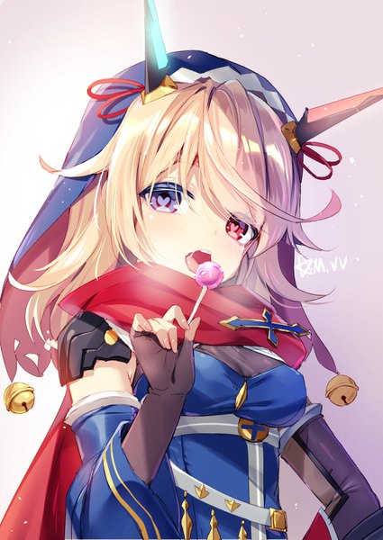 Anime picture 1000x1411 with ragnaria sarah (ragnaria) mvv single long hair tall image looking at viewer blush fringe open mouth simple background blonde hair red eyes purple eyes holding signed upper body horn (horns) grey background wide sleeves