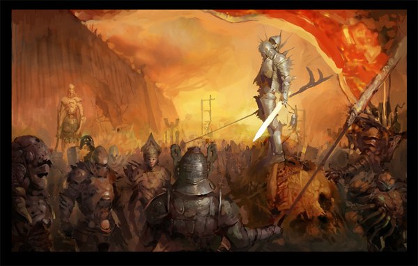 Anime picture 1024x652 with hao & su evening sunset army boy weapon sword armor skull helmet wall spear flag