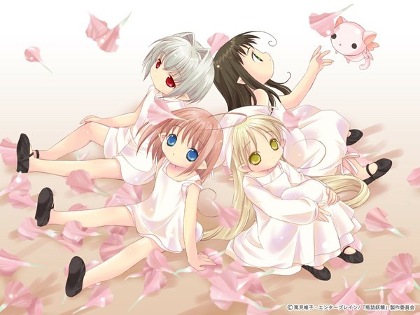 Anime picture 1024x768 with bottle fairy oboro hororo kururu sarara chiriri tokumi yuiko petals