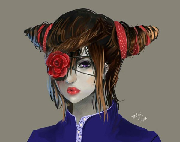 Anime picture 1000x785 with original hnci single simple background brown hair purple eyes lips grey background hair bun (hair buns) pale skin girl flower (flowers) rose (roses) blood eyepatch