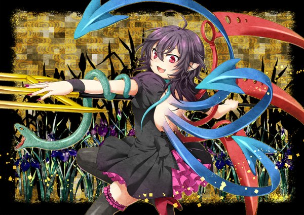 Anime picture 1770x1253 with touhou houjuu nue kuronohana highres short hair open mouth black hair red eyes ahoge girl thighhighs dress weapon black thighhighs wings snake