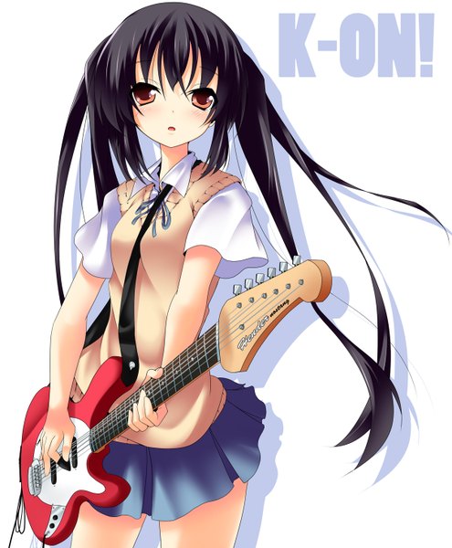 Anime picture 1200x1452 with k-on! kyoto animation nakano azusa nana (artist) long hair tall image blush black hair simple background red eyes white background twintails girl skirt uniform school uniform miniskirt guitar