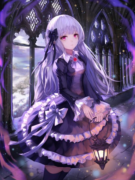 Anime picture 2500x3334 with original yohaku single long hair tall image looking at viewer fringe highres standing holding silver hair indoors blunt bangs long sleeves pink eyes gothic girl dress bow hair bow