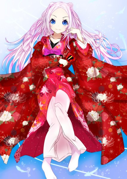Anime picture 1447x2039 with hanayamata madhouse hana n. fontainestand ameyoshi single long hair tall image looking at viewer blue eyes white hair traditional clothes japanese clothes girl animal kimono fish (fishes) naruko (instrument)