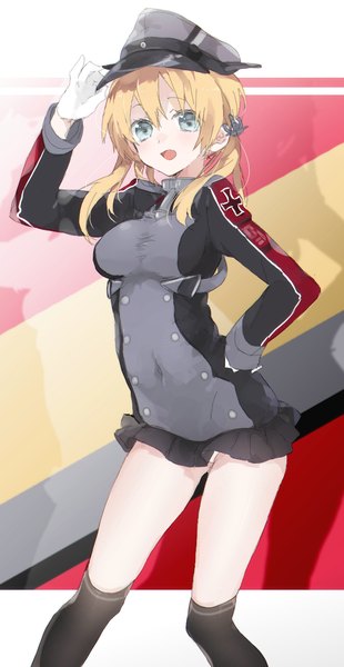 Anime picture 600x1160 with kantai collection prinz eugen (kantai collection) sino (sionori) single long hair tall image open mouth light erotic blonde hair hair between eyes twintails aqua eyes pantyshot hand on hip adjusting hat girl gloves uniform underwear panties