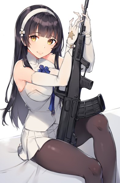Anime picture 1800x2750 with girls frontline type 95 (girls frontline) rikoma single long hair tall image looking at viewer fringe highres breasts black hair simple background smile white background sitting bare shoulders holding yellow eyes bent knee (knees) blunt bangs