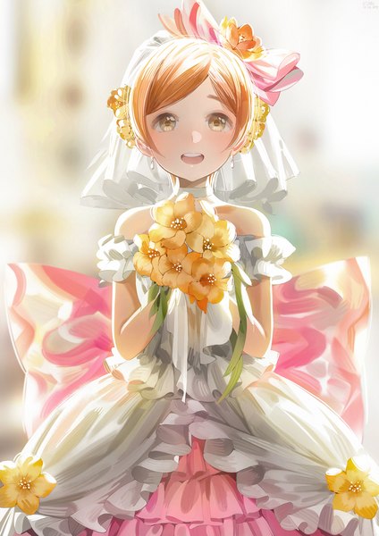 Anime picture 1300x1839 with love live! school idol project sunrise (studio) love live! hoshizora rin gumimecv single tall image looking at viewer blush fringe short hair open mouth smile standing bare shoulders holding yellow eyes :d blurry orange hair