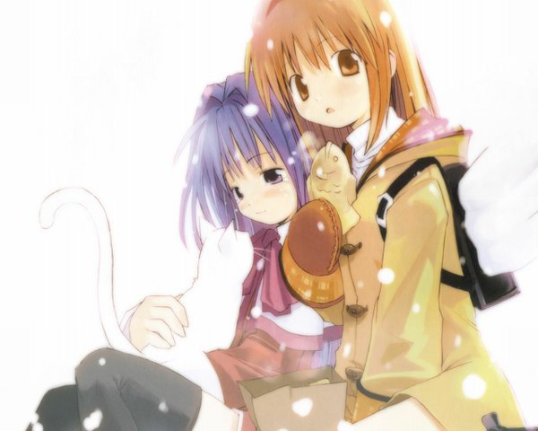 Anime picture 1280x1024 with kanon key (studio) tsukimiya ayu minase nayuki harada takehito white background snowing winter exhalation girl cat wagashi taiyaki