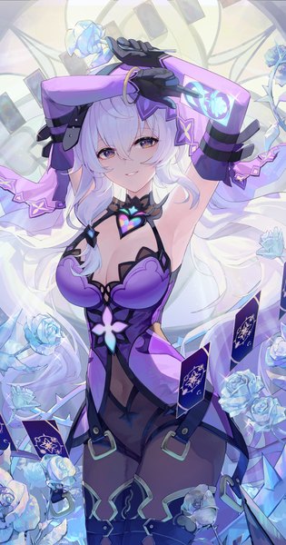 Anime picture 2000x3804 with honkai: star rail honkai (series) black swan (honkai: star rail) pistachiocream single long hair tall image looking at viewer fringe highres breasts light erotic smile hair between eyes large breasts standing purple eyes holding long sleeves parted lips